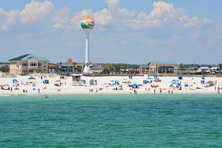 Beach goers at Pensacola Beach in Escambia County