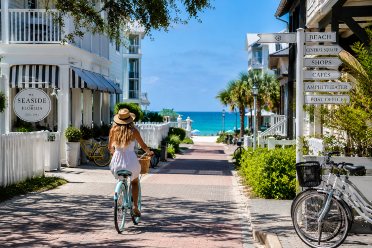 Cyclist on a street in Seaside, Florida