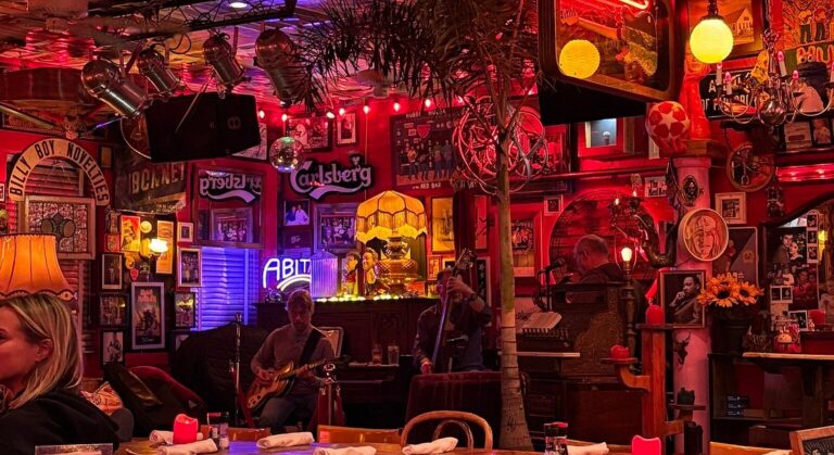 Colorful interior of The Red Bar in Grayton Beach