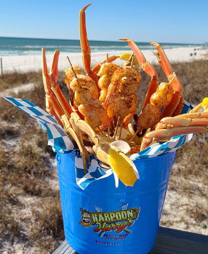 Harpoon Harry's World Famous Seafood Bucket with crab legs, shrimp, and scallops