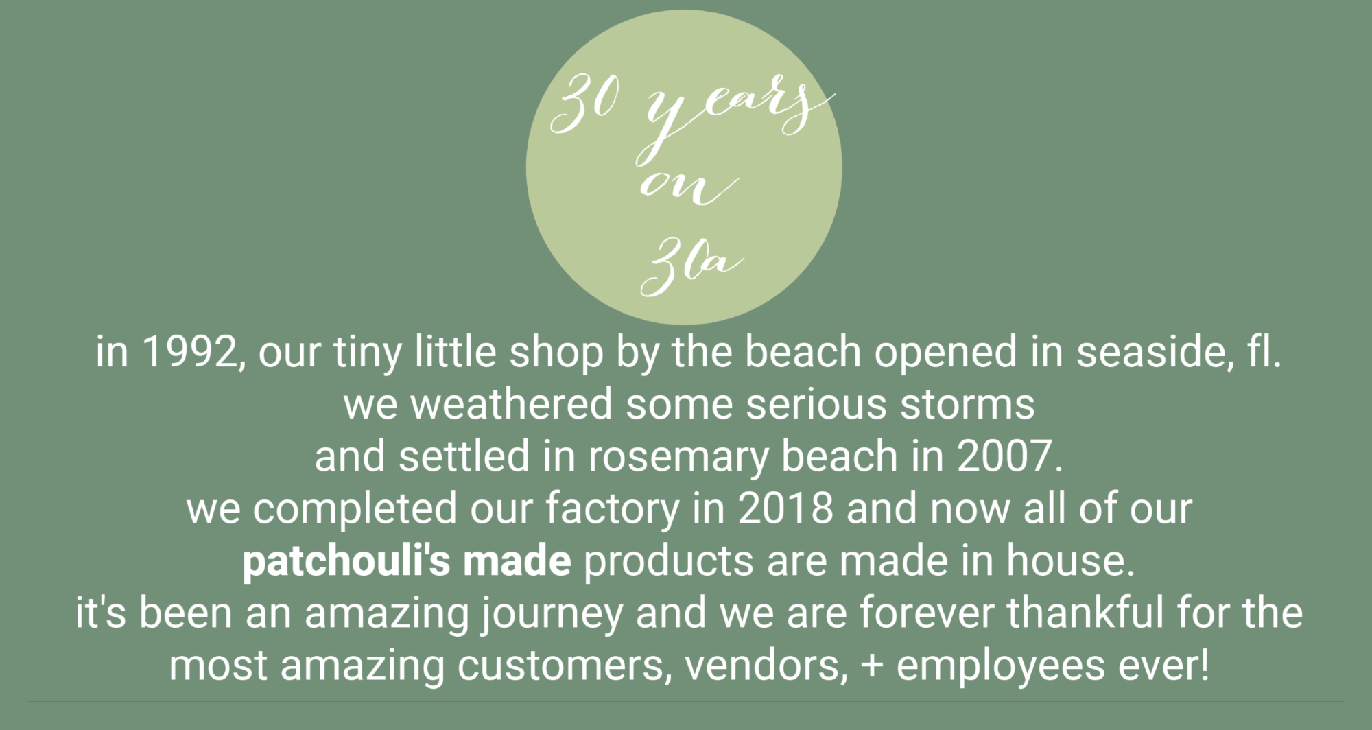 Pish Posh Patchouli's 30 years in business milestone graphic