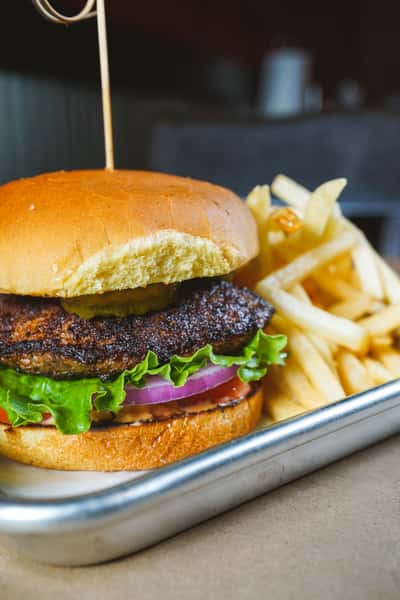 Burger and fries plate at Outcast Bar and Grill in Santa Rosa Beach
