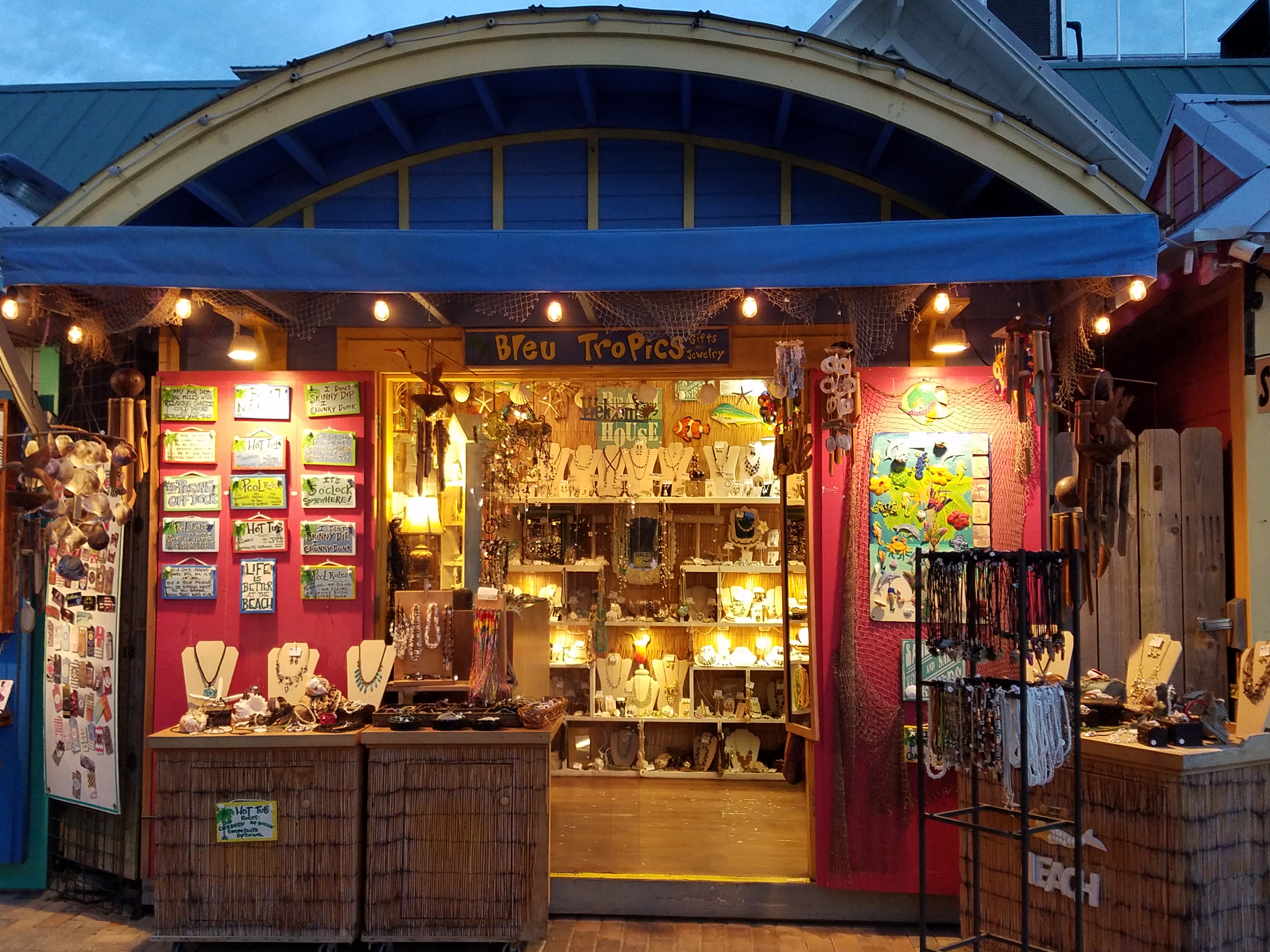 Handcrafted coastal jewelry display at Bleu Tropics in Destin