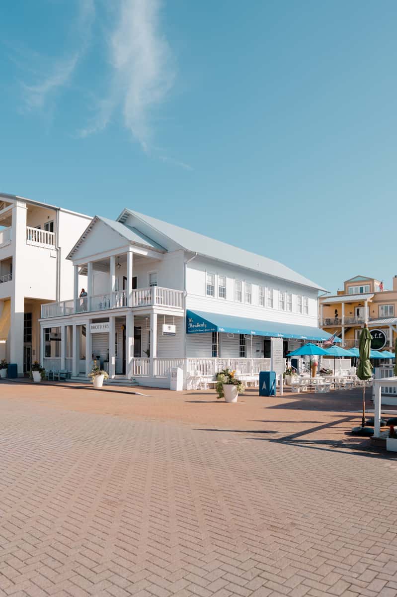 Exterior of It's Heavenly Shortcakes and Ice Cream in Seaside, Florida with its blue awning