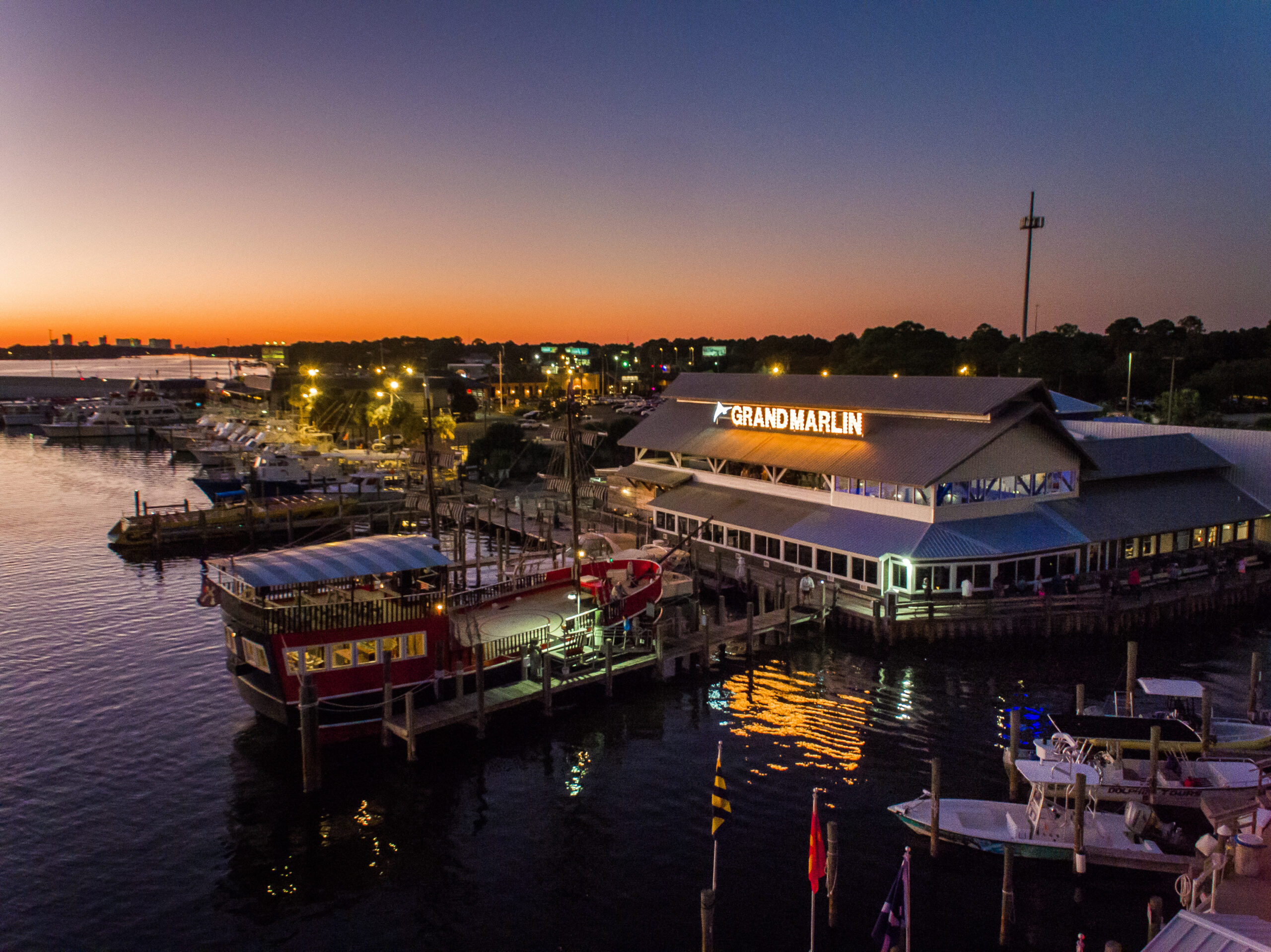 Aerial view of The Grand Marlin on Grand Lagoon in Panama City Beach