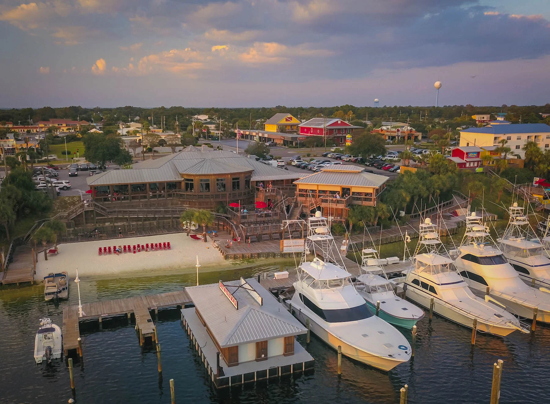Aerial view of Boshamps Seafood & Oyster House on Destin Harbor