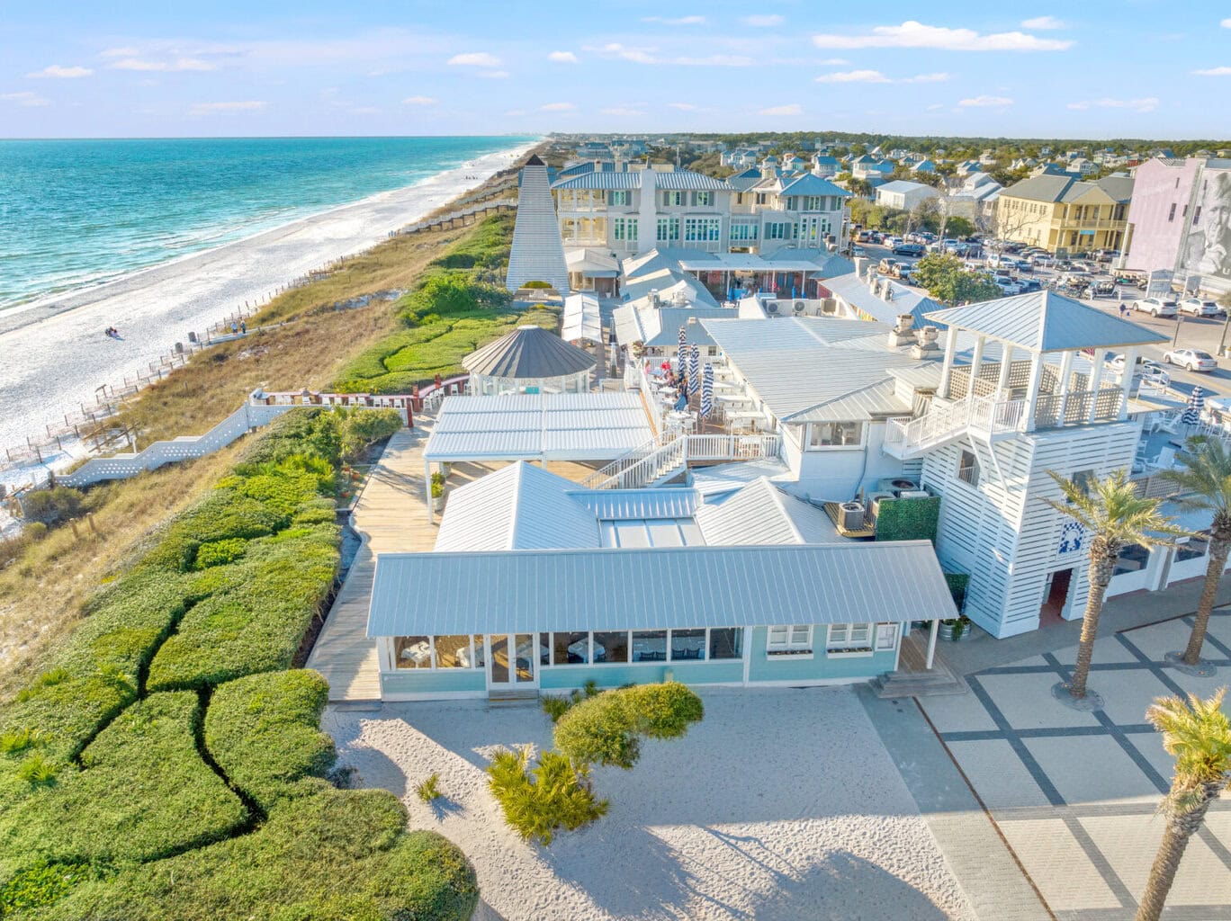 Aerial drone view of Bud & Alley's restaurant complex on the Gulf in Seaside