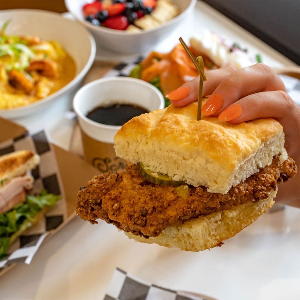 Fried chicken biscuit at Scratch Biscuit Kitchen in WaterColor