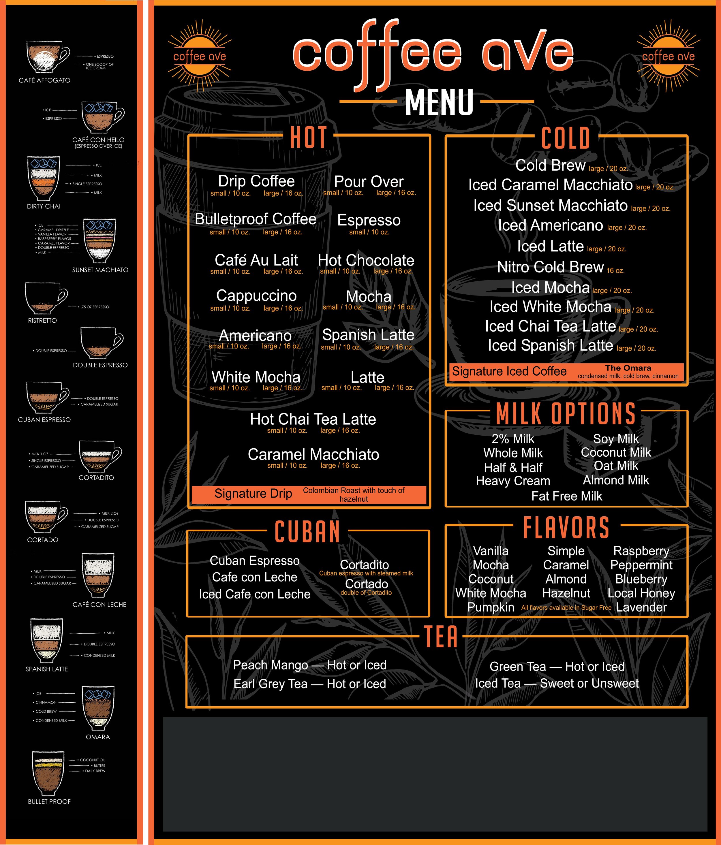 Coffee Avenue menu sign at the Florida Place food truck complex in Fort Walton Beach