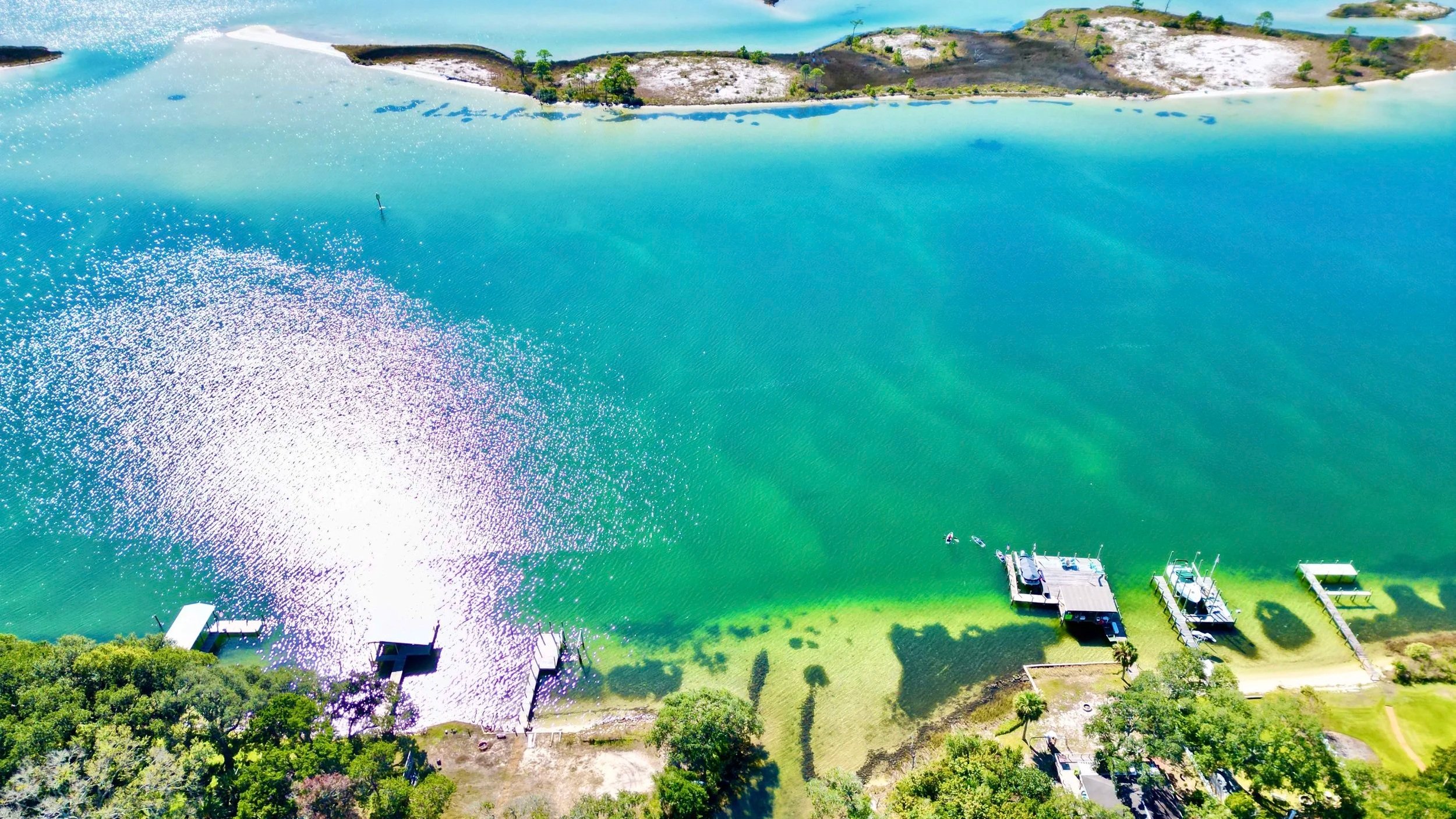 Aerial view of an Electric Island Cruises electric boat on Santa Rosa Sound near Mary Esther, Florida