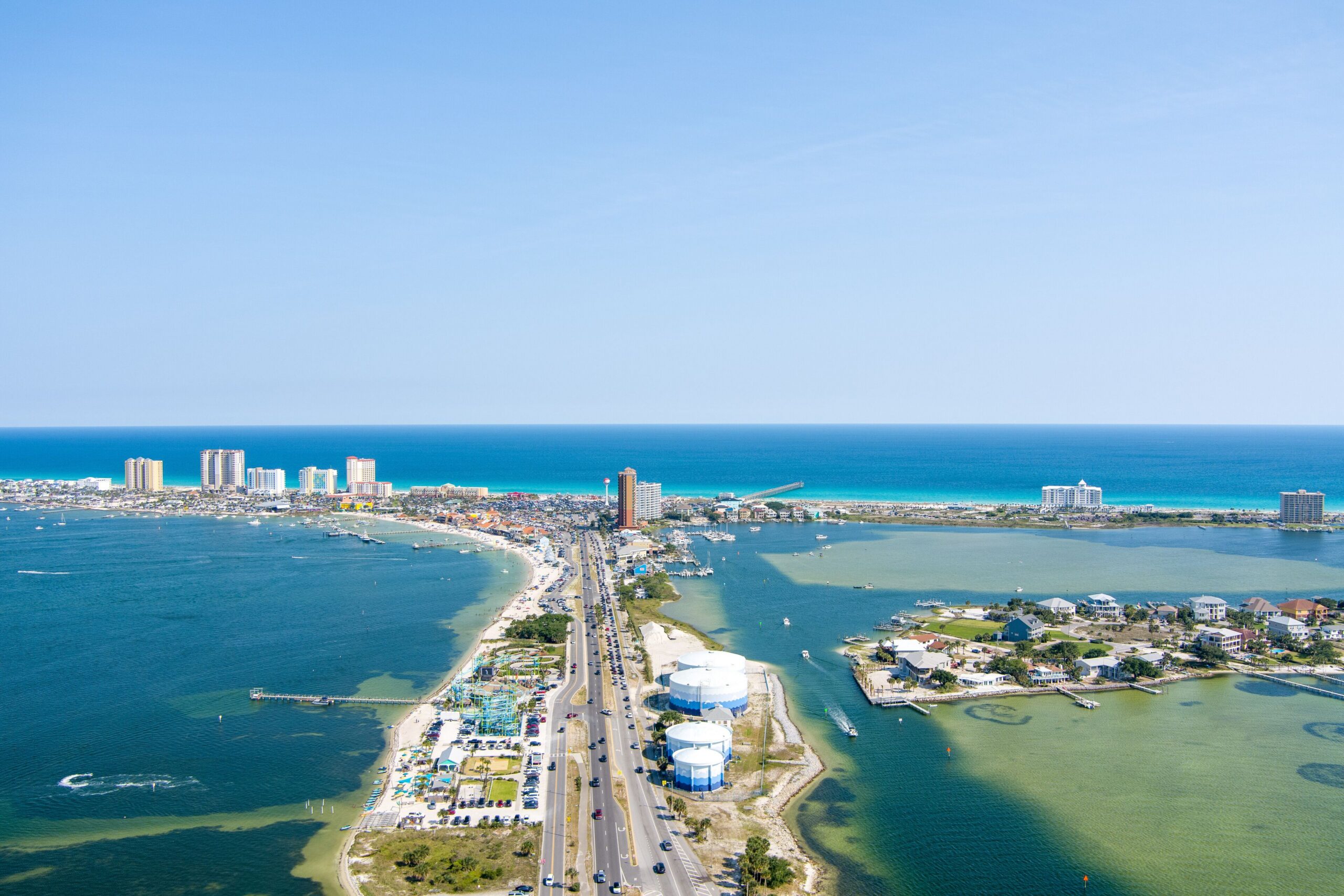 Aerial view of Gulf Breeze and the Pensacola Bay Bridge