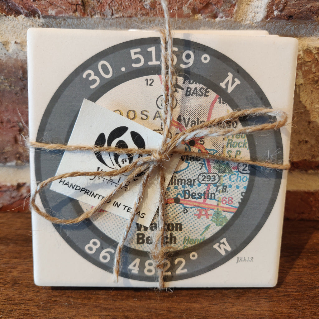 Custom coordinates coasters sold at The Eagles' Nest in Niceville