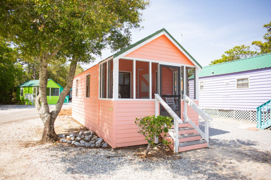 Pet-friendly cabin exterior at Navarre Beach Camping Resort