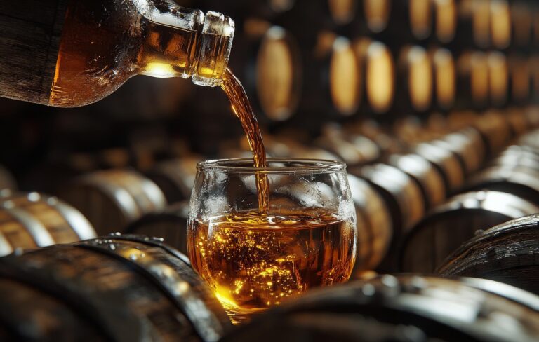 Pouring bourbon in front of aging whiskey barrels at Timber Creek Distillery