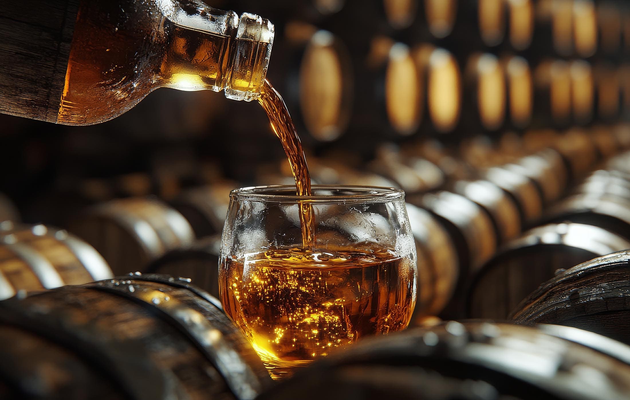 Pouring bourbon in front of aging whiskey barrels at Timber Creek Distillery