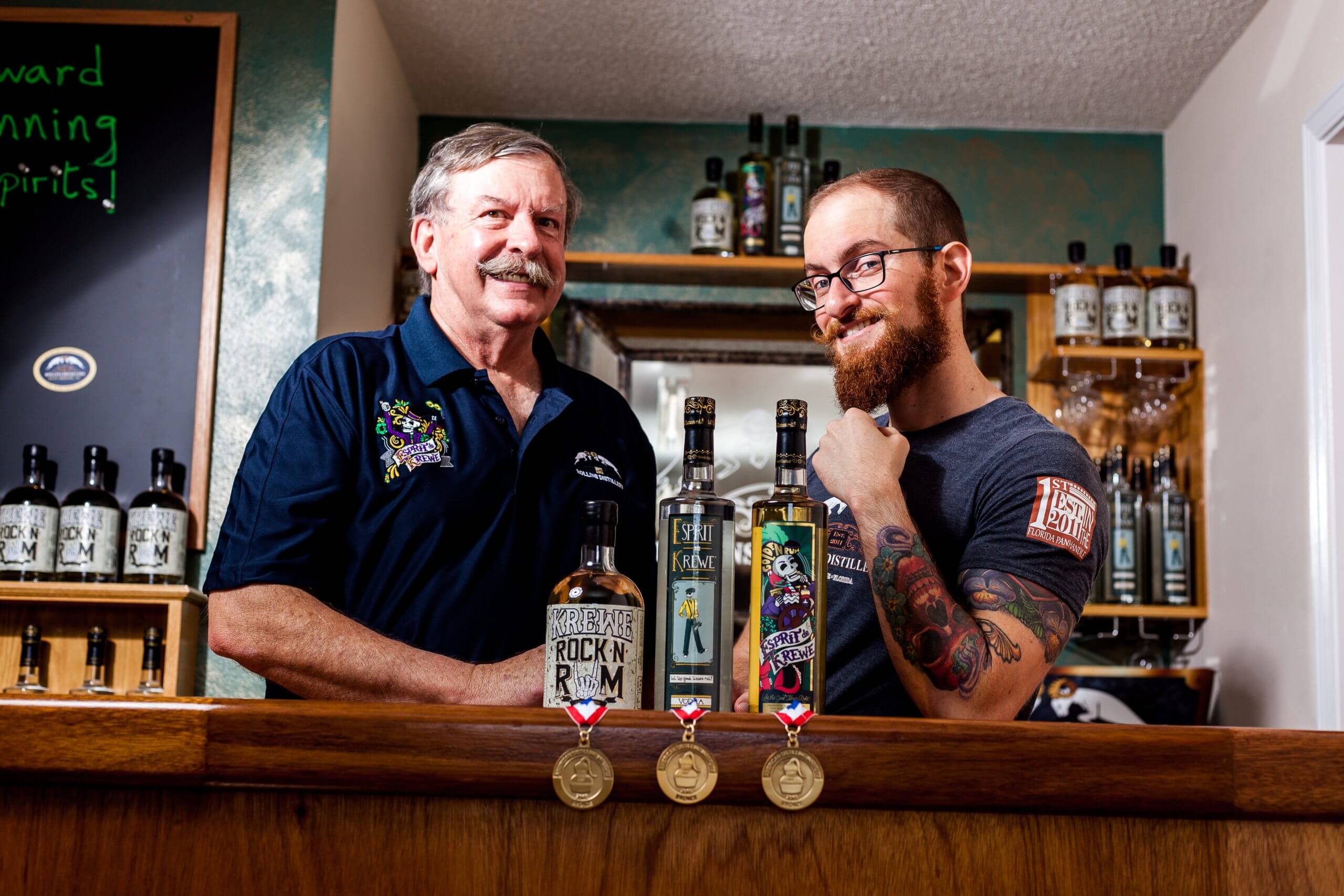 Award-winning Esprit de Krewe spirits from Rollins Distillery in Gulf Breeze