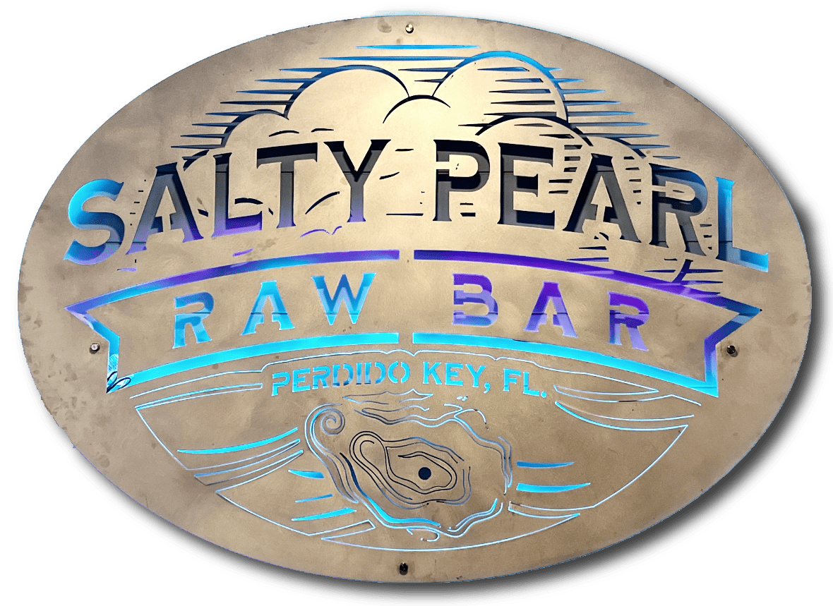 Salty Pearl Raw Bar sign at the base of the Theo Baars Bridge in Perdido Key, Florida