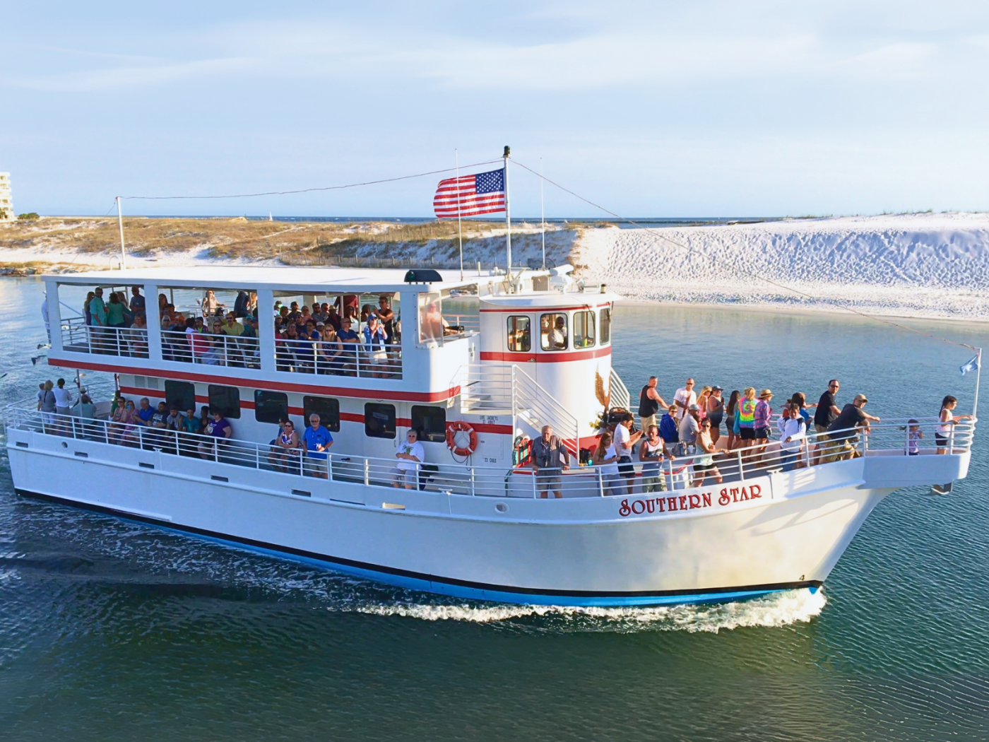 The Southern Star double-decker dolphin cruise boat on the water in Destin