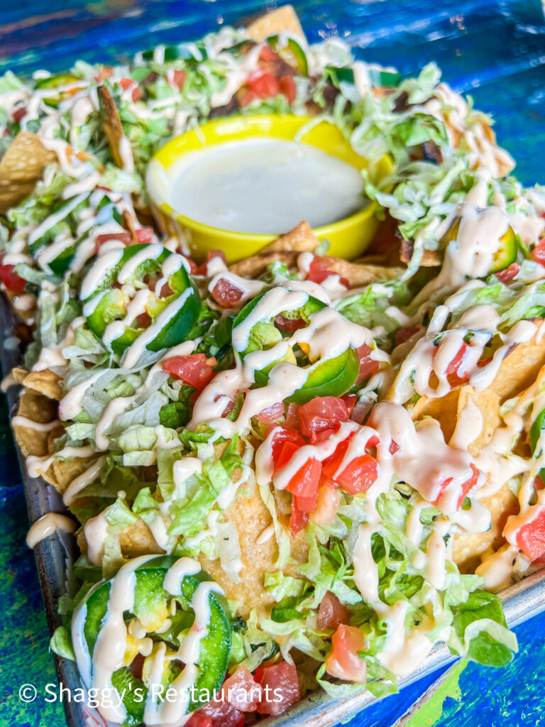 Towering nachos appetizer at Shaggy's Pensacola Beach