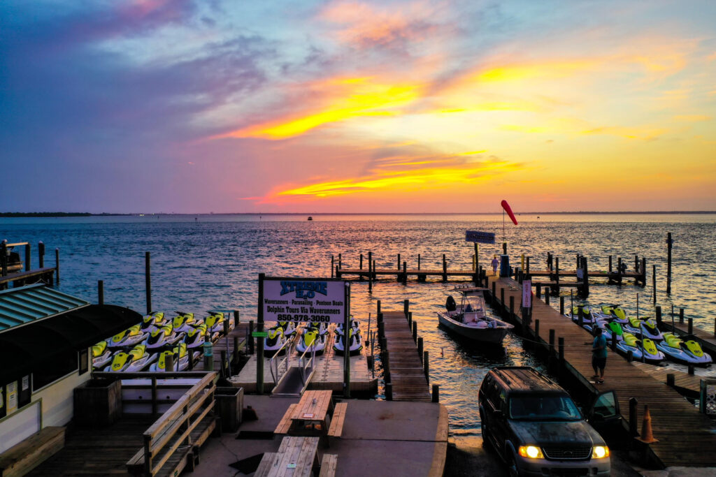 Sunset over the water at Xtreme H2O's Calhoun Avenue location across from Crab Island