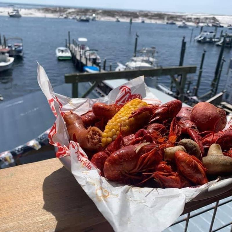 Sunday crawfish boil with corn and potatoes at AJ's overlooking Destin Harbor