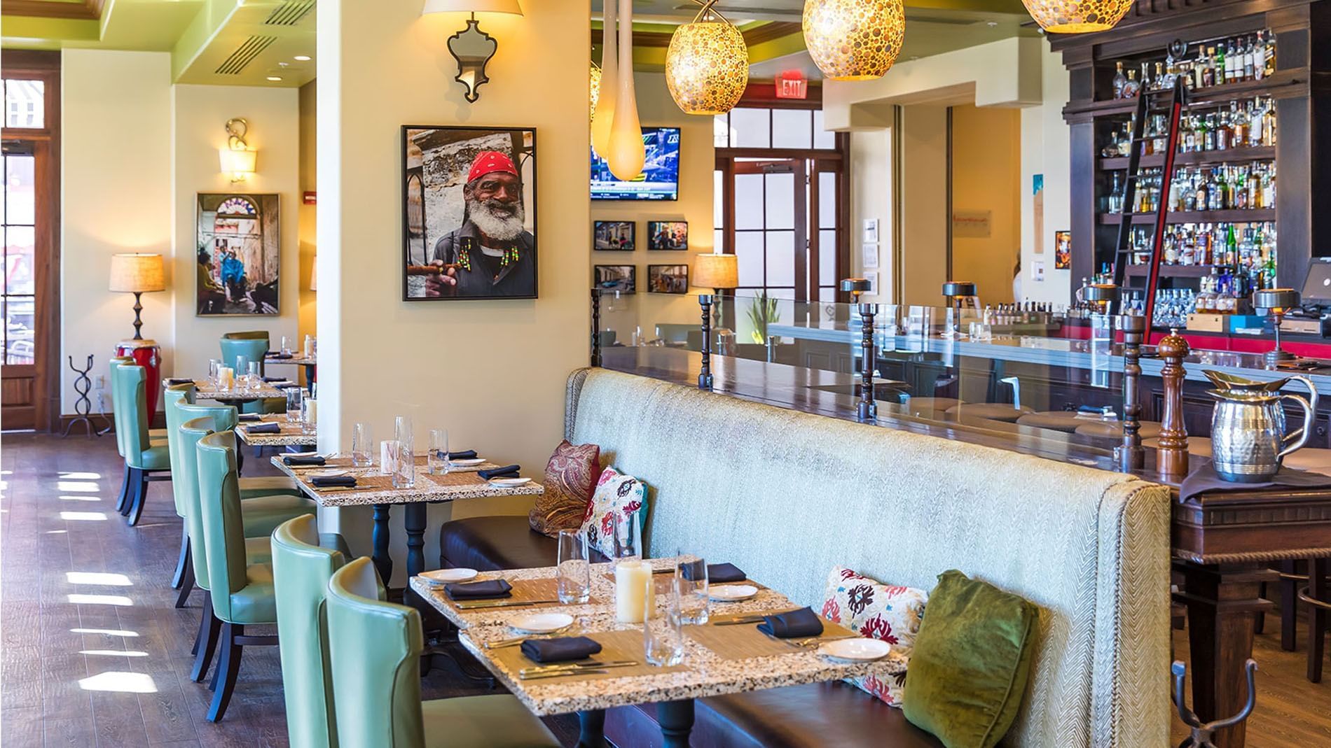 Main dining room at Havana Beach Bar & Grill inside The Pearl Hotel in Rosemary Beach