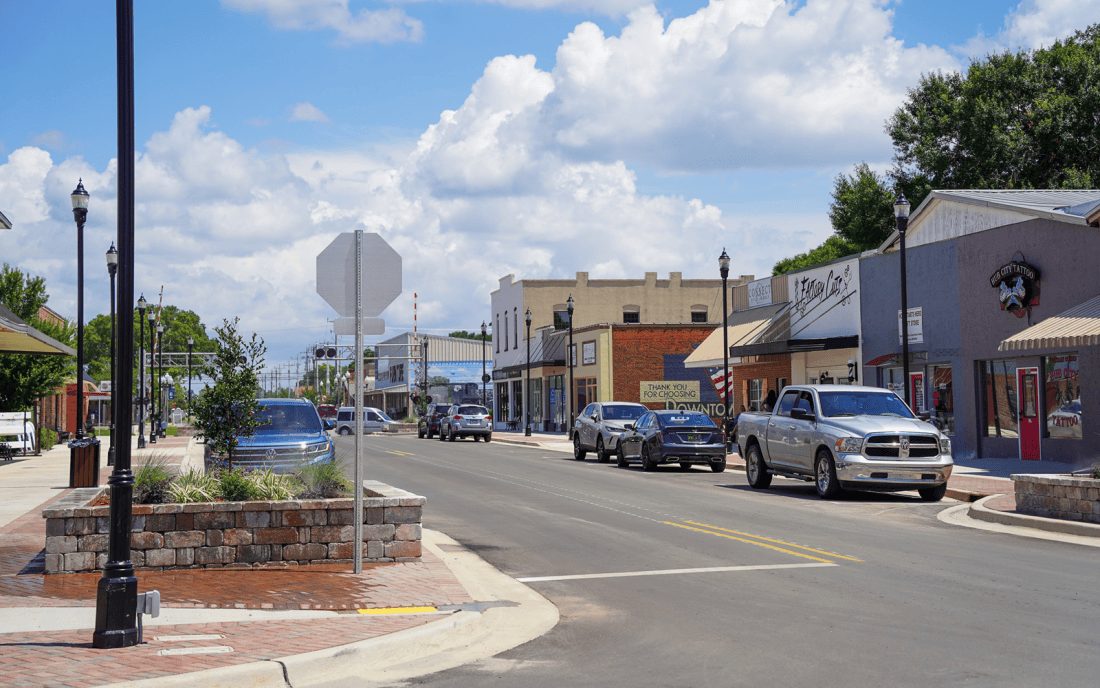 Downtown Crestview's Main Street shopping corridor near Rustic Reflections