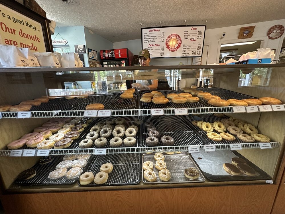 Boxed donuts and kolaches ready for takeout at Good Things Donuts
