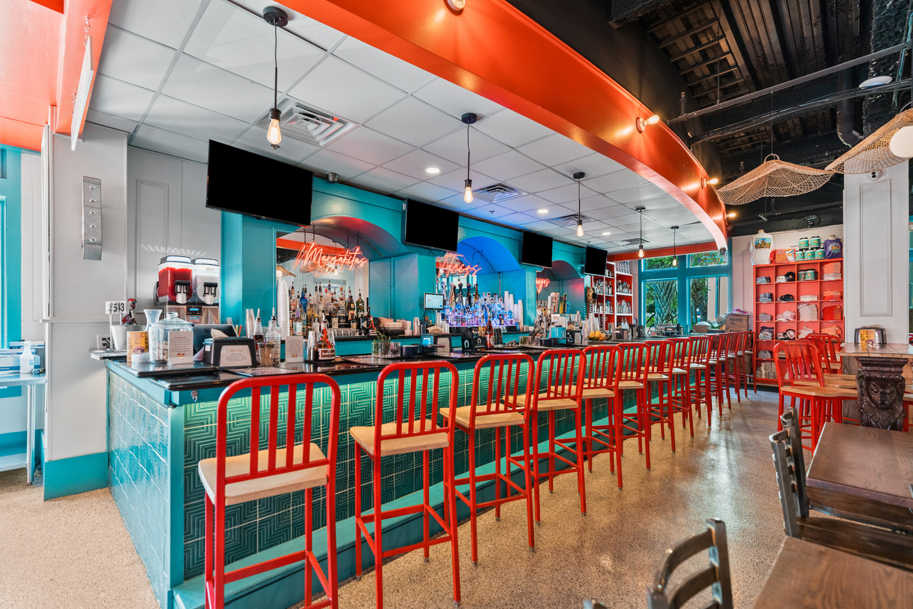 Margaritas and drinks at the bar inside Red Fish Taco