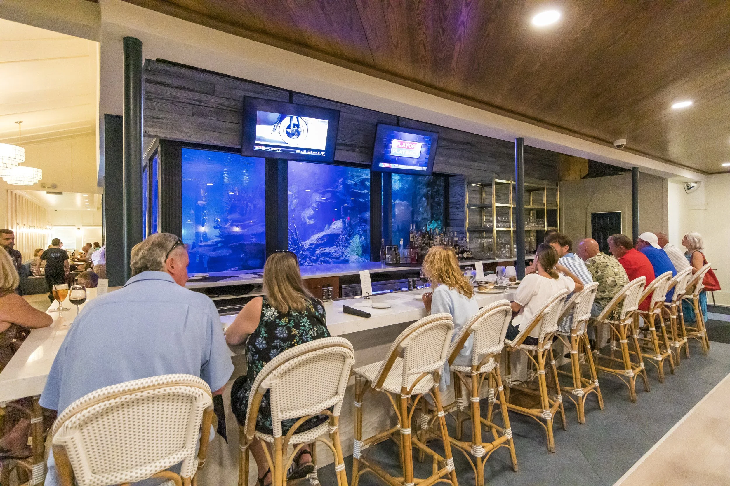 Bar area at Saltwater Grill near the saltwater aquarium