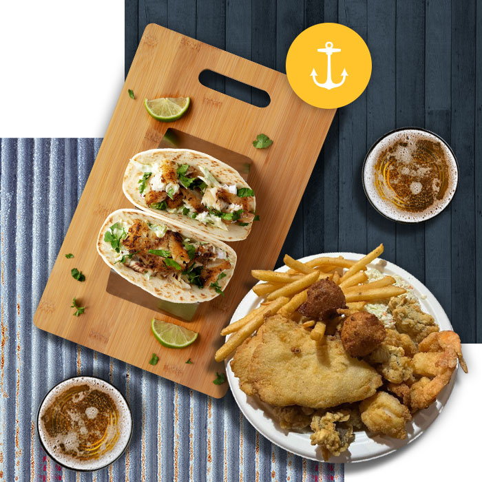 Seafood tacos and a fried seafood platter at Scooter's Fish House