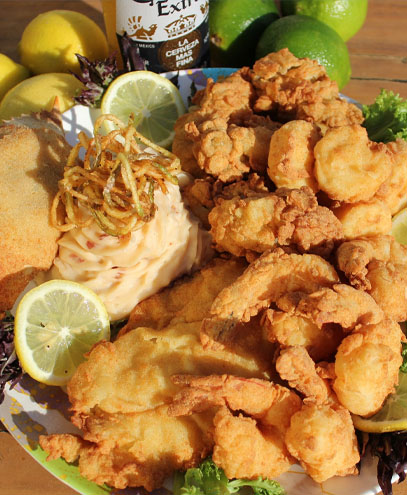 Signature Seafood Platter with grouper fingers, shrimp, scallops, and stuffed crab at Harpoon Harry's