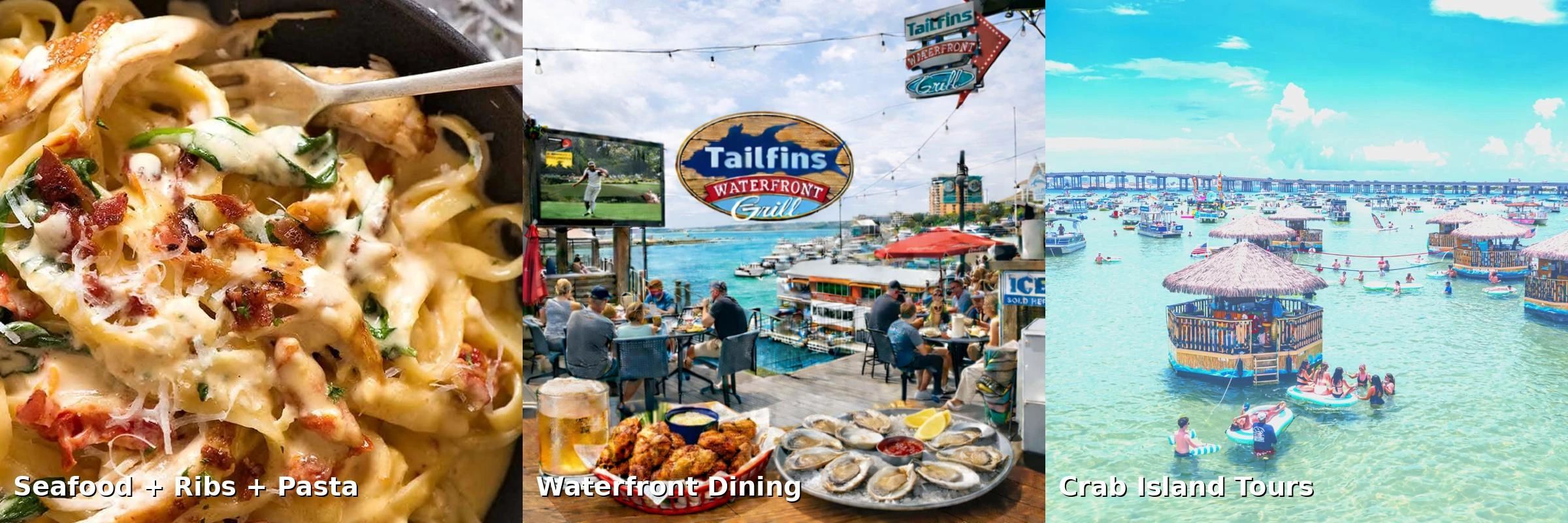 Waterfront dining deck at Tailfins Waterfront Grill on Destin Harbor