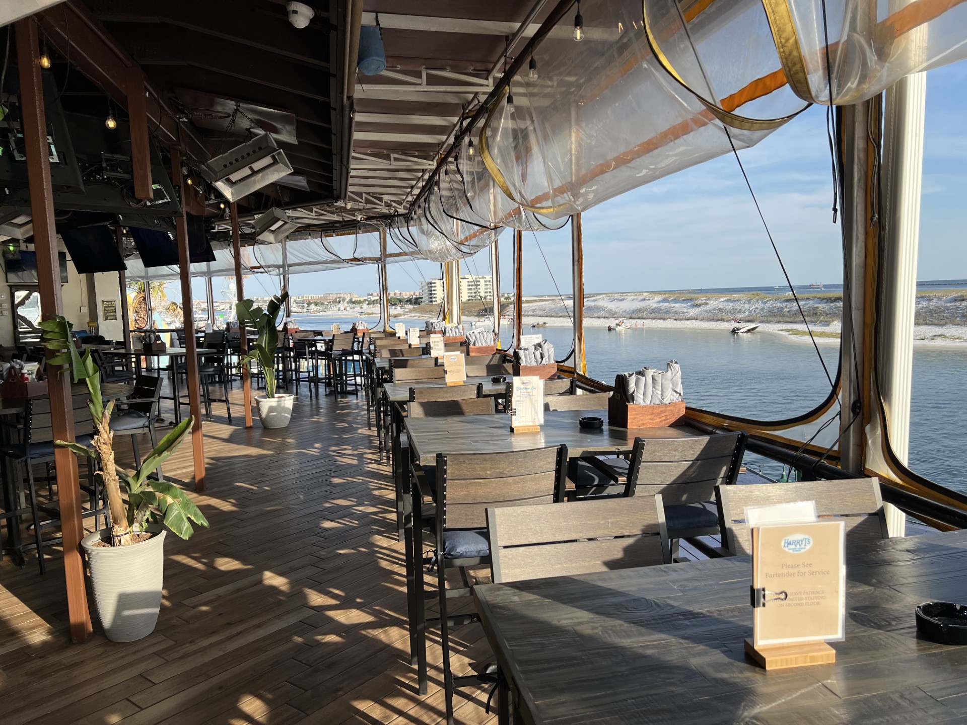 View over the Destin Harbor channel from the patio at Harry T's Lighthouse