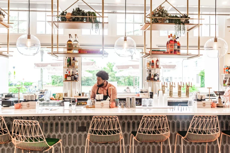 Outdoor plaza seating at Fonville Press in Alys Beach