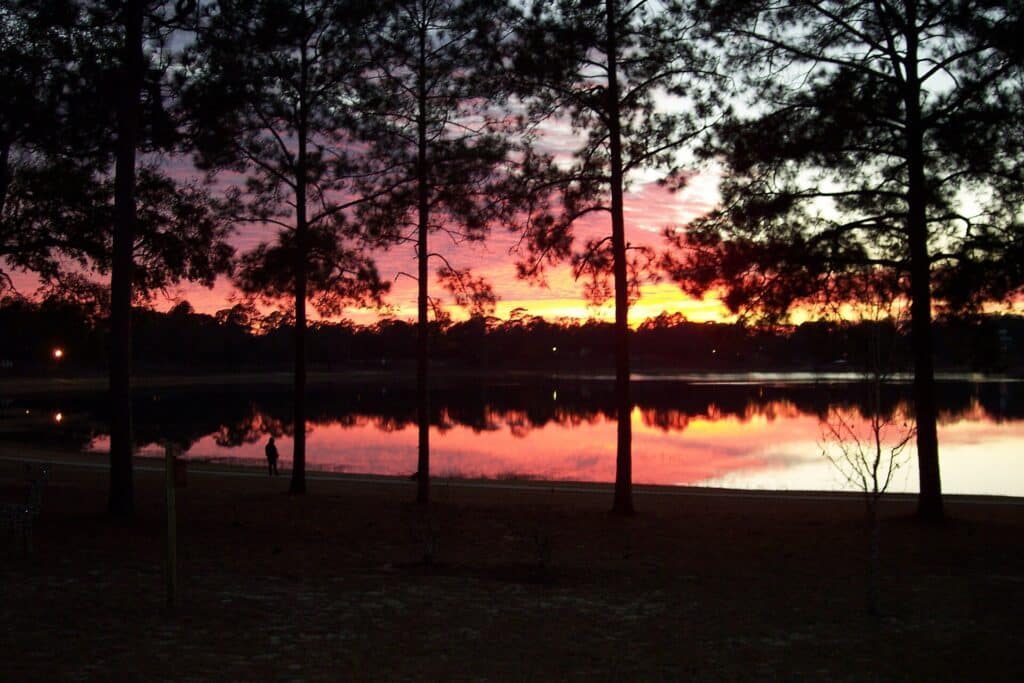 Sunset through the pines over Lake DeFuniak, the round spring-fed lake beside the Chautauqua grounds