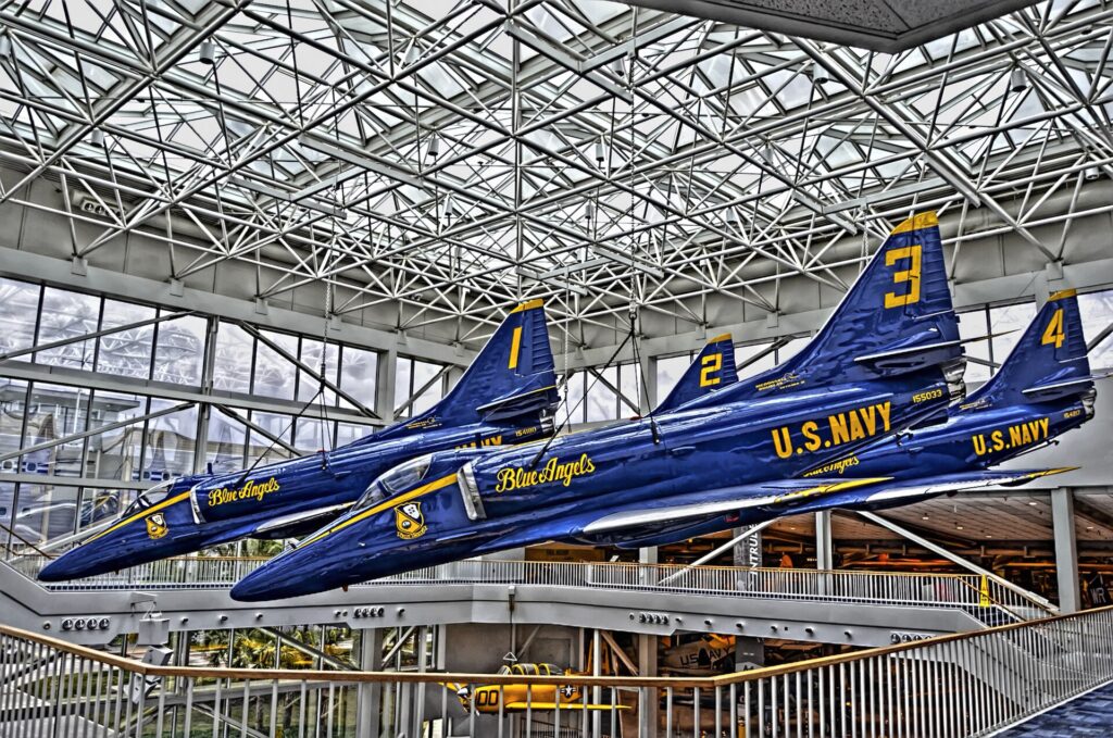 Blue Angels A-4 Skyhawks suspended in the atrium of the National Naval Aviation Museum