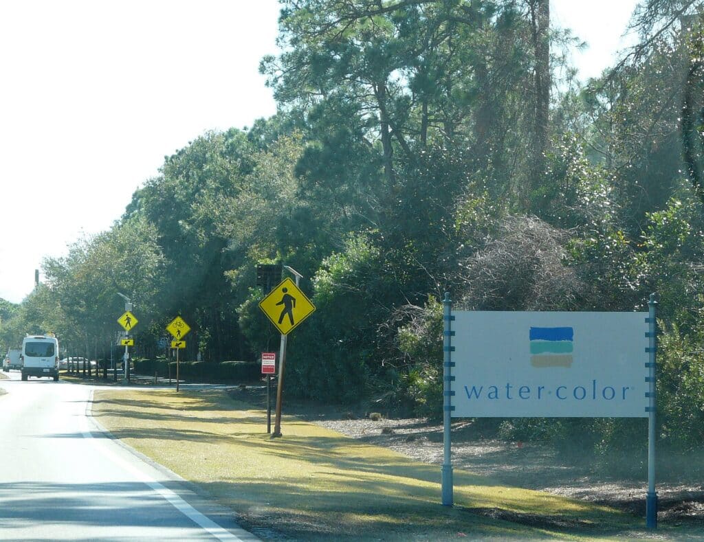 WaterColor entrance sign on Scenic Highway 30A in Santa Rosa Beach