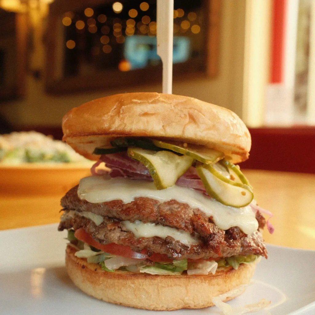 Double cheeseburger with pickles at Cowgirl Kitchen in Rosemary Beach
