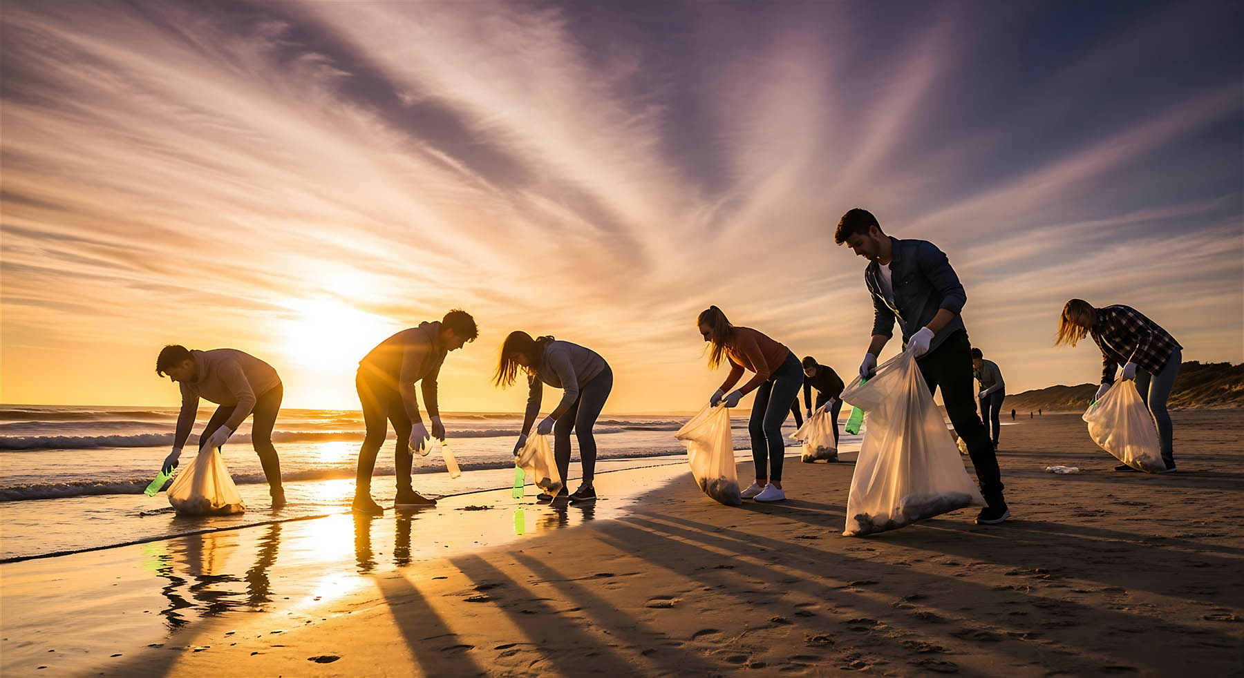 Volunteers picking up trash on the beach at sunset