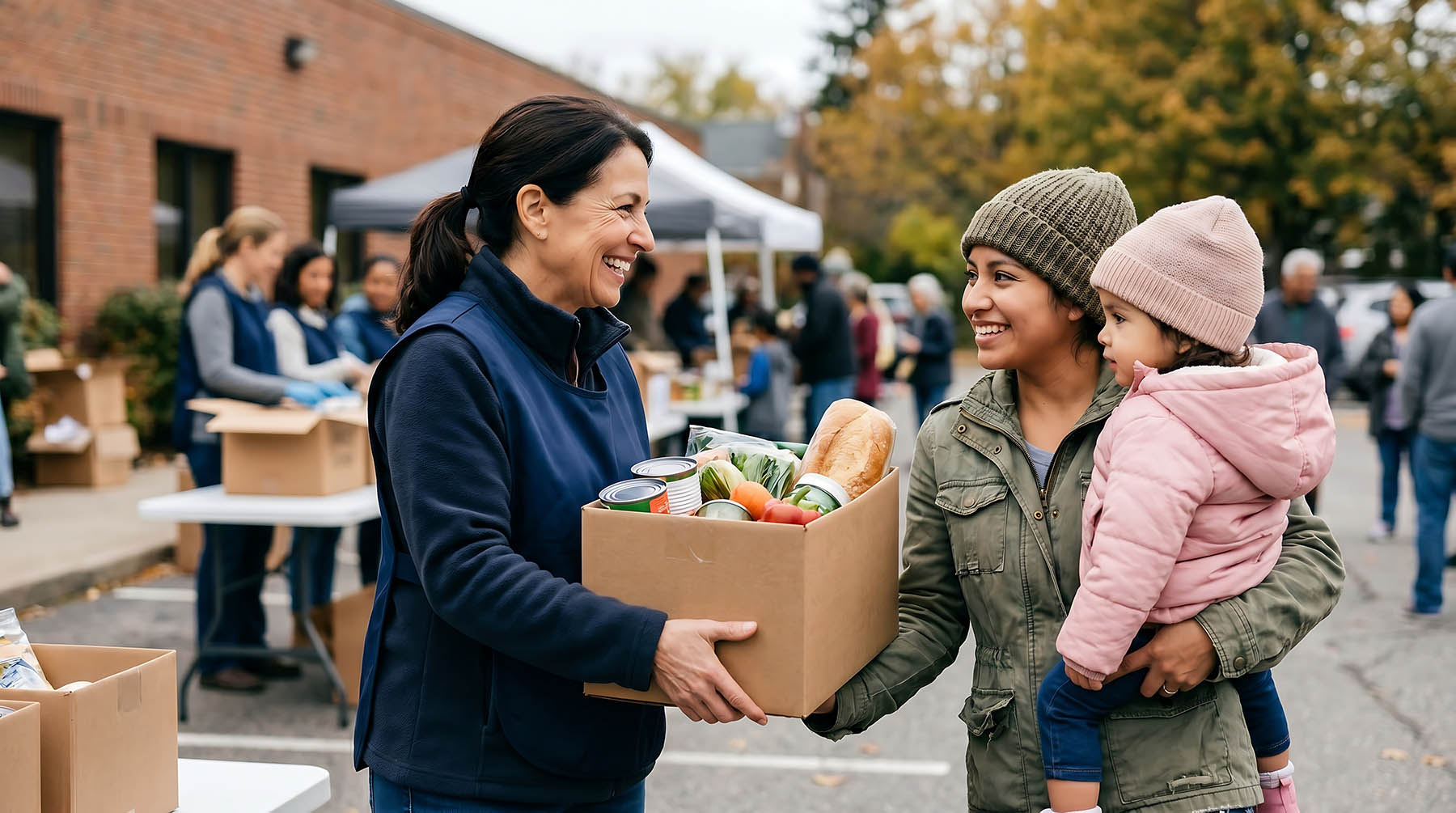 Volunteer handing a box of food to a mother and child