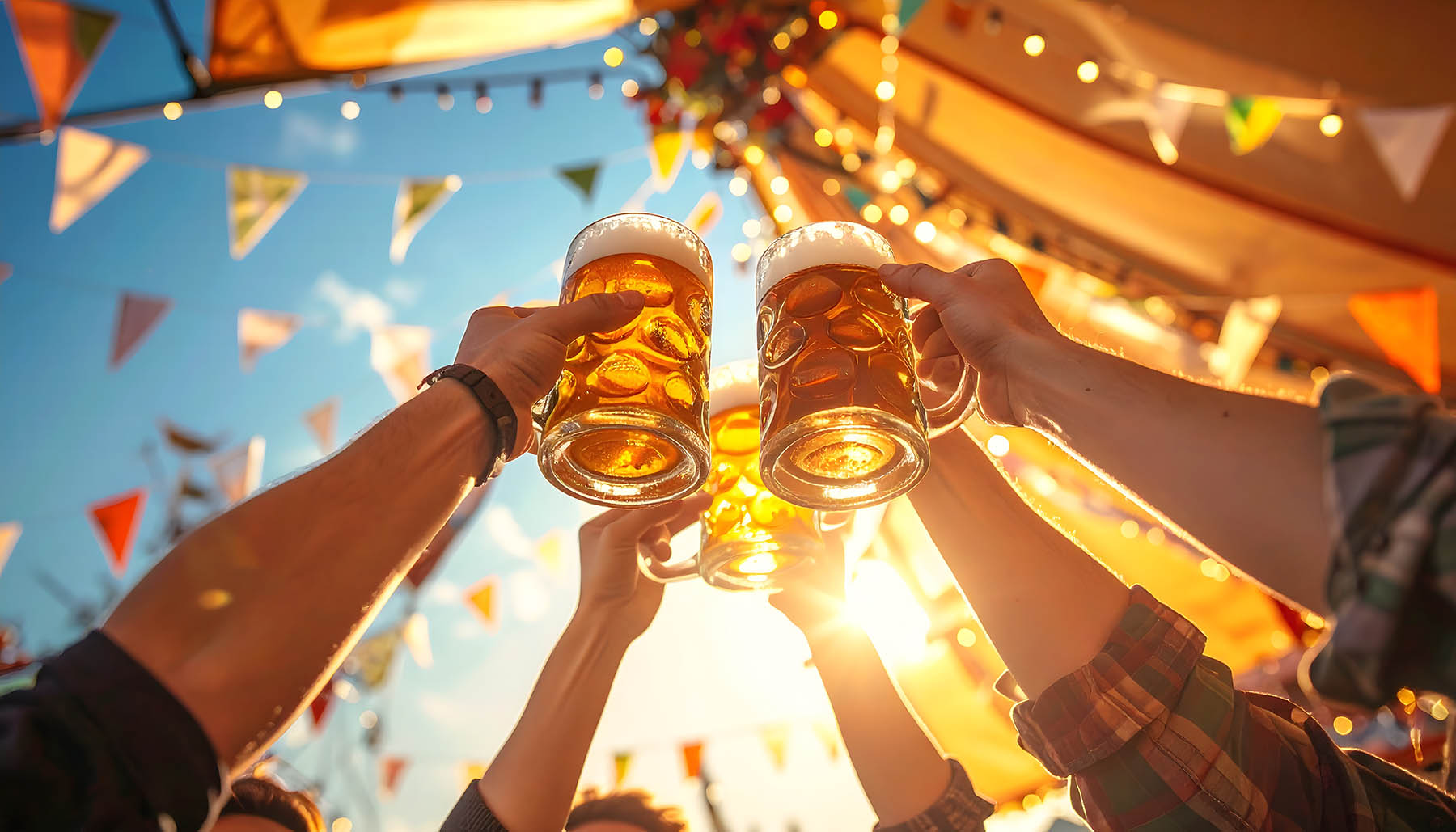 Friends clinking beer mugs together