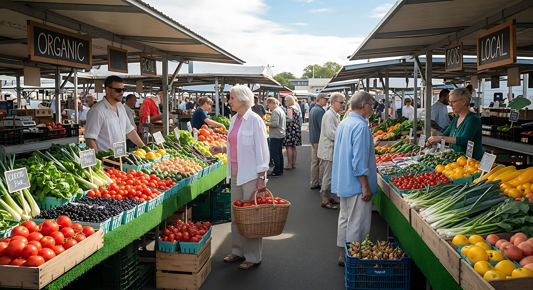 Shoppers browsing produce stands at an outdoor market