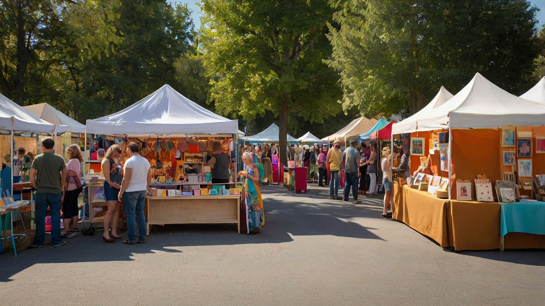 Visitors browsing vendor tents at an outdoor art fair