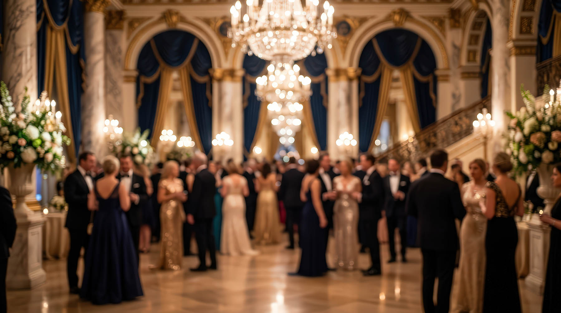 Guests at an elegant gala in a chandelier-lit ballroom