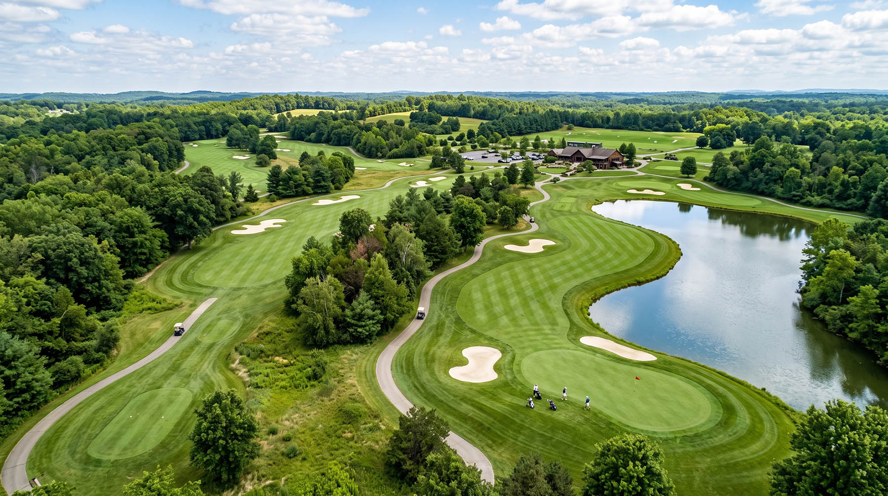 Aerial view of a golf course with fairways, sand traps and a lake