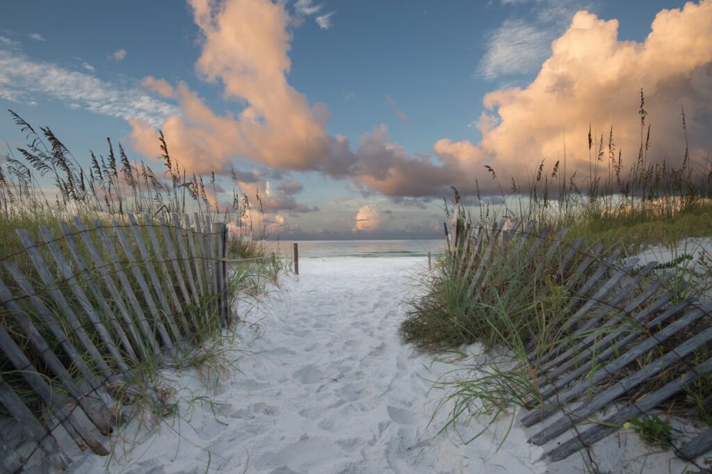 Dune fencing and beach access boardwalk at Henderson Beach State Park in Destin, Florida