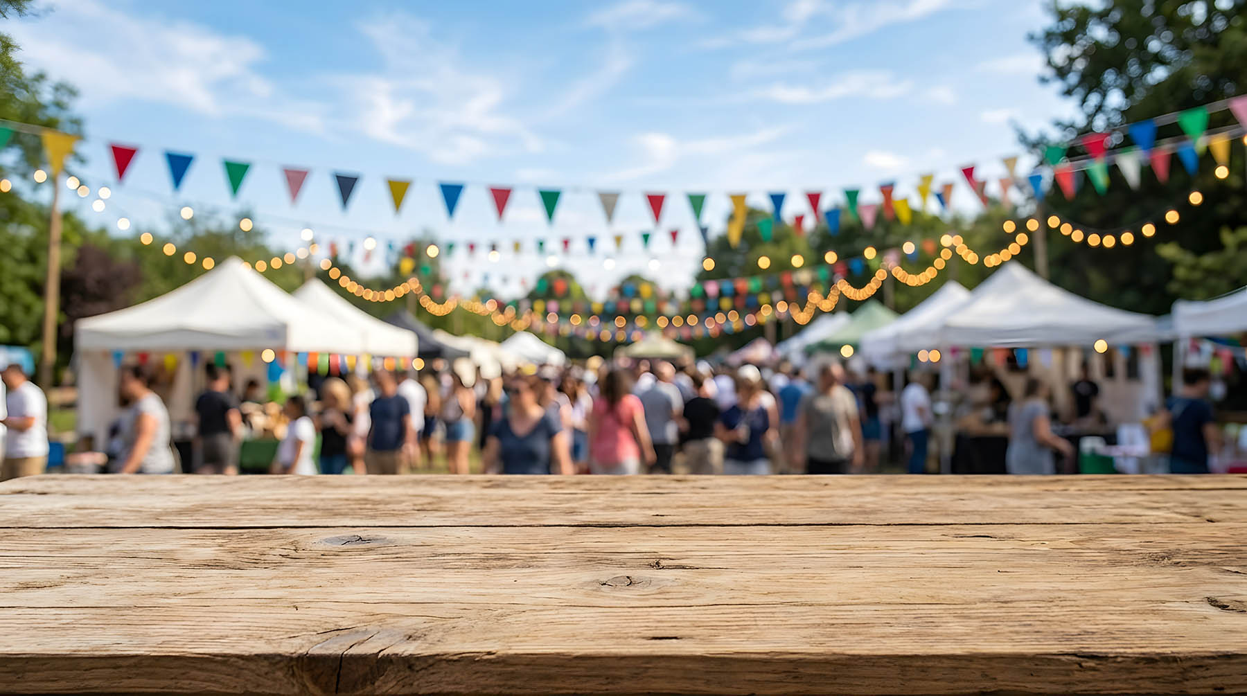 Outdoor community festival with white market tents and bunting
