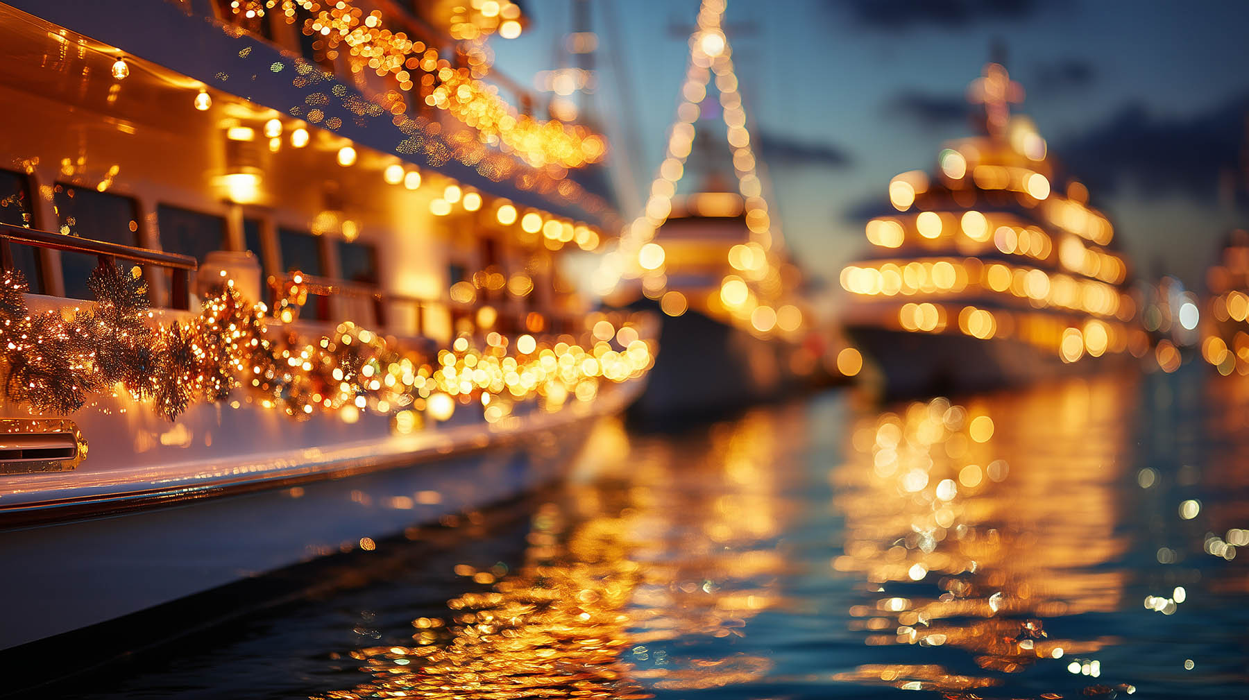 Boats decorated with holiday lights at night