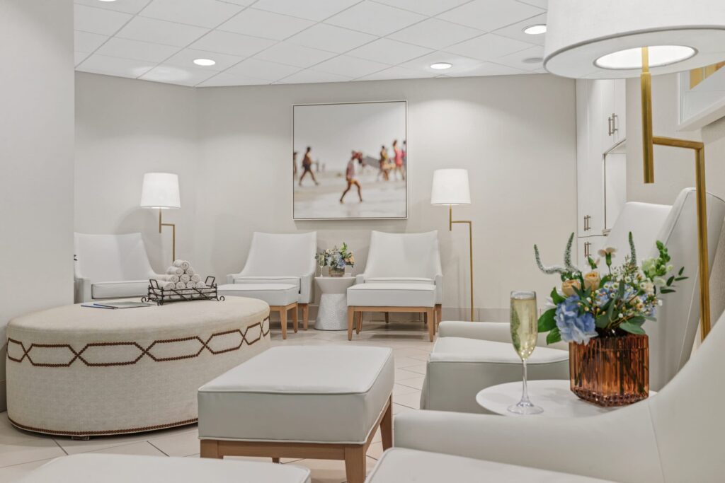 Bright relaxation lounge with lounge chairs at Serenity by the Sea Spa, Hilton Sandestin Beach Golf Resort